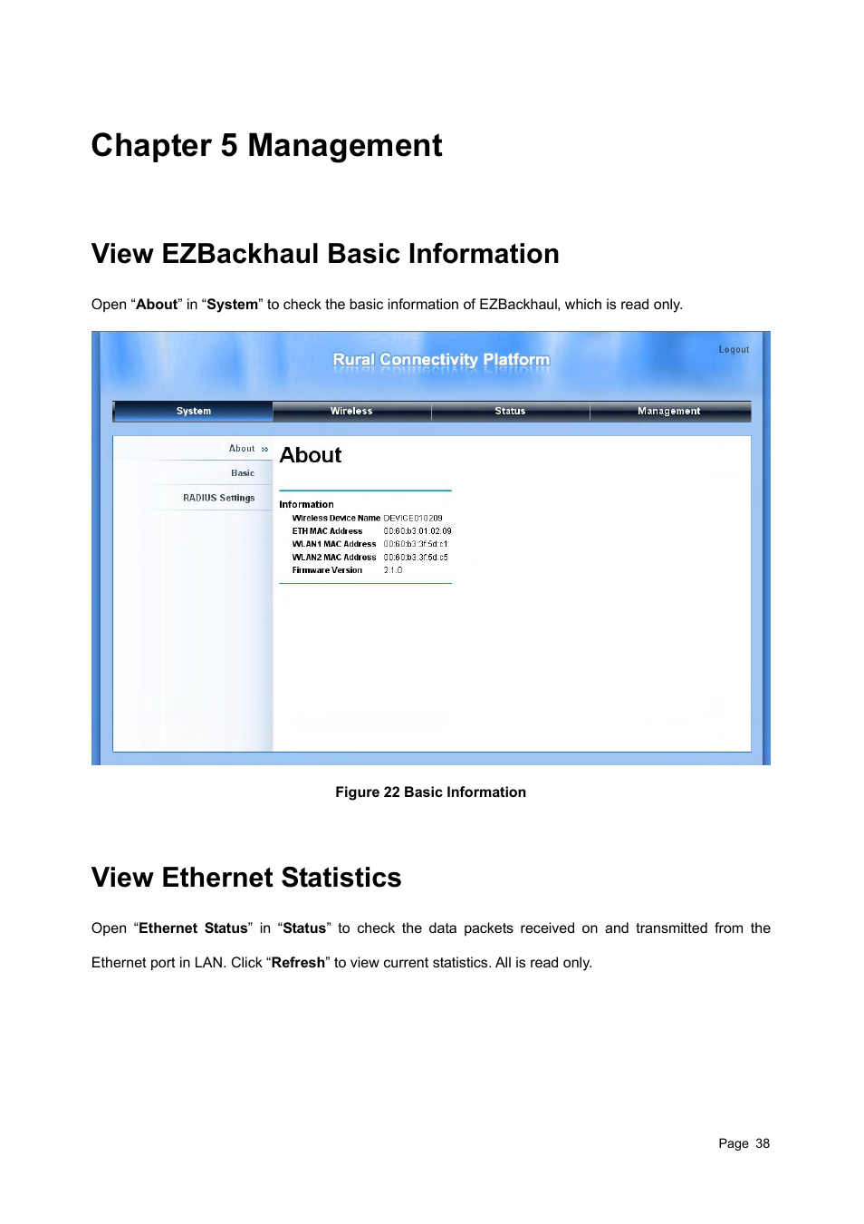 Chapter 5 management, View r2 extender basic information, View ethernet statistics | Iew ezbackhaul, Asic, Nformation, Thernet, Tatistics, Igure 22, View ezbackhaul basic information | Teletronics EZBackhaul User Manual | Page 38 / 62