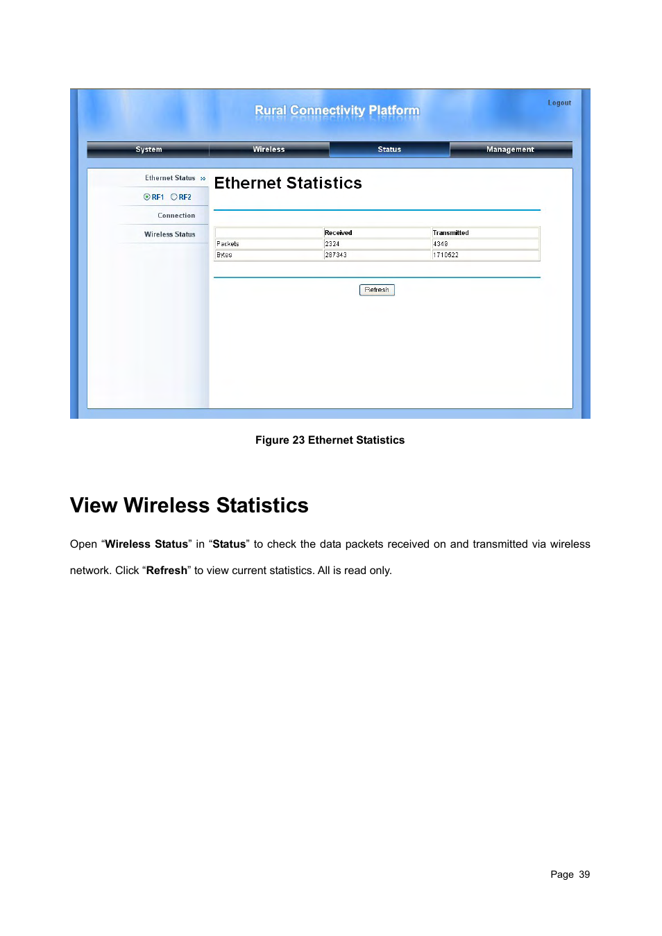 View wireless statistics, Ireless, Tatistics | Igure 23, Thernet | Teletronics EZBackhaul User Manual | Page 39 / 62