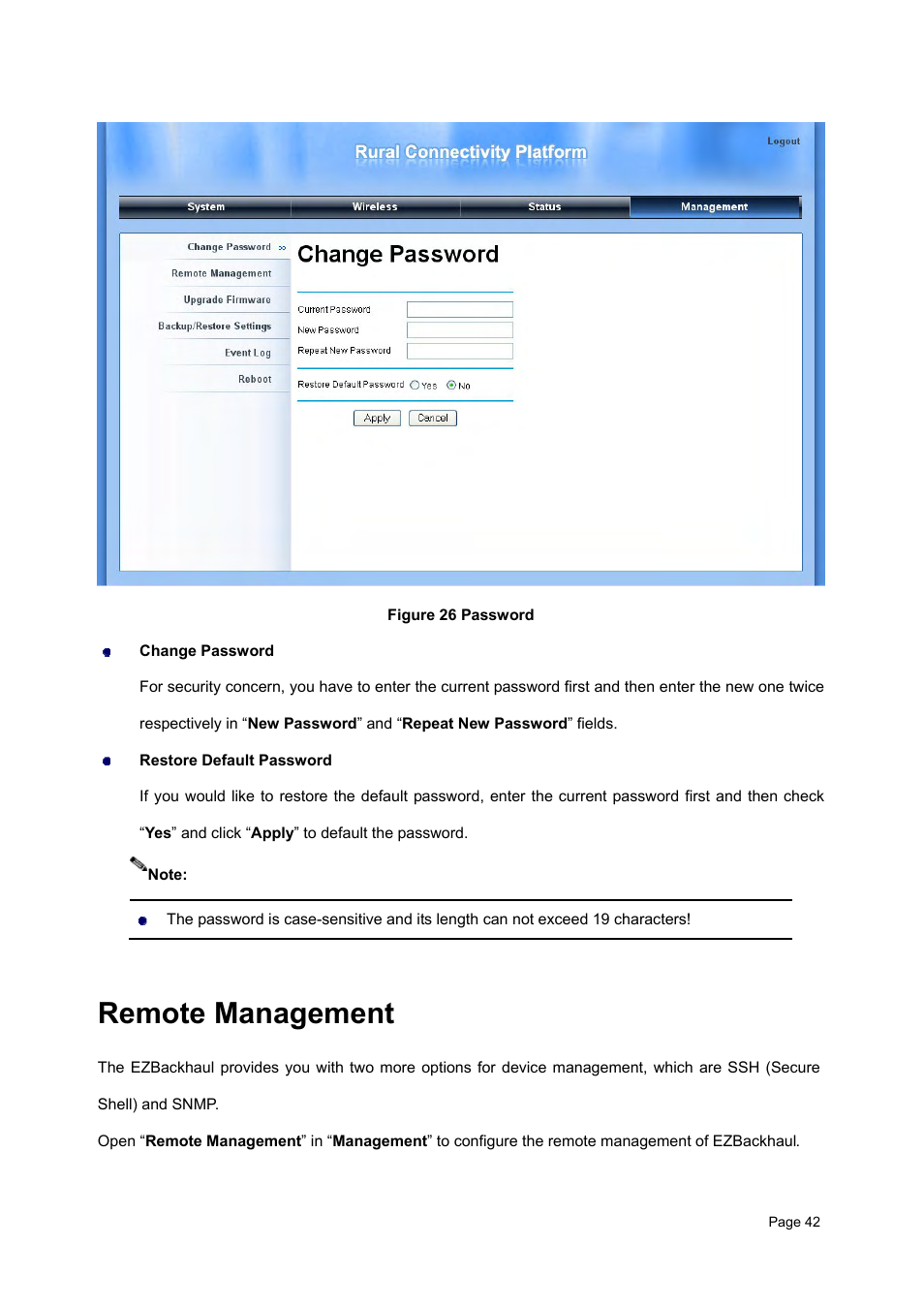 Remote management, Emote, Anagement | Igure 26, Assword | Teletronics EZBackhaul User Manual | Page 42 / 62