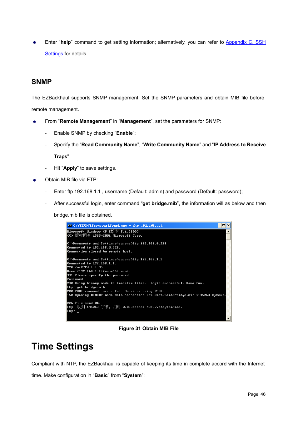 Snmp, Time settings, Ettings | Igure 31, Btain | Teletronics EZBackhaul User Manual | Page 46 / 62