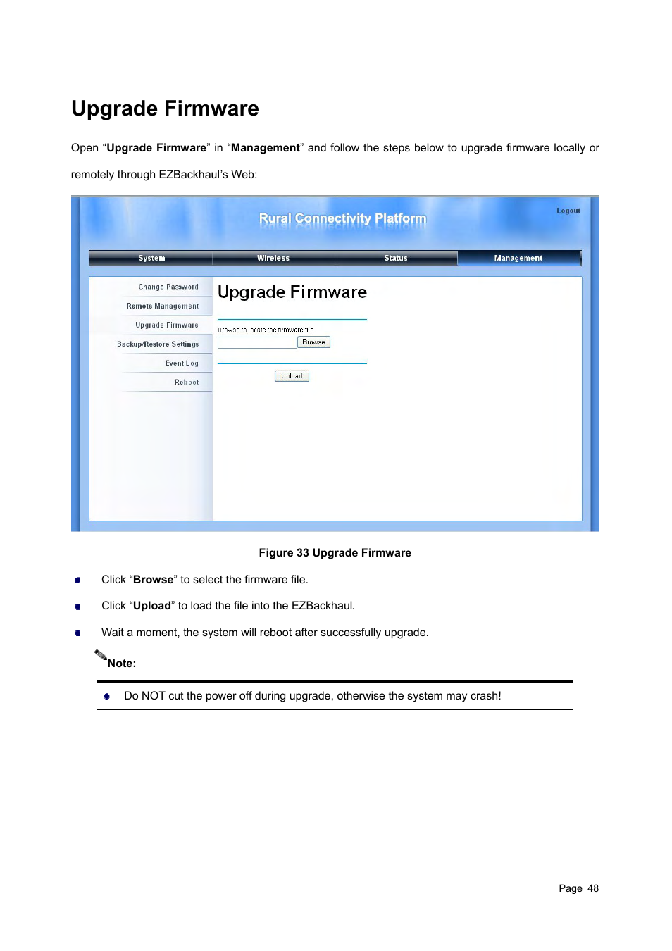 Upgrade firmware, Pgrade, Irmware | Igure 33 | Teletronics EZBackhaul User Manual | Page 48 / 62