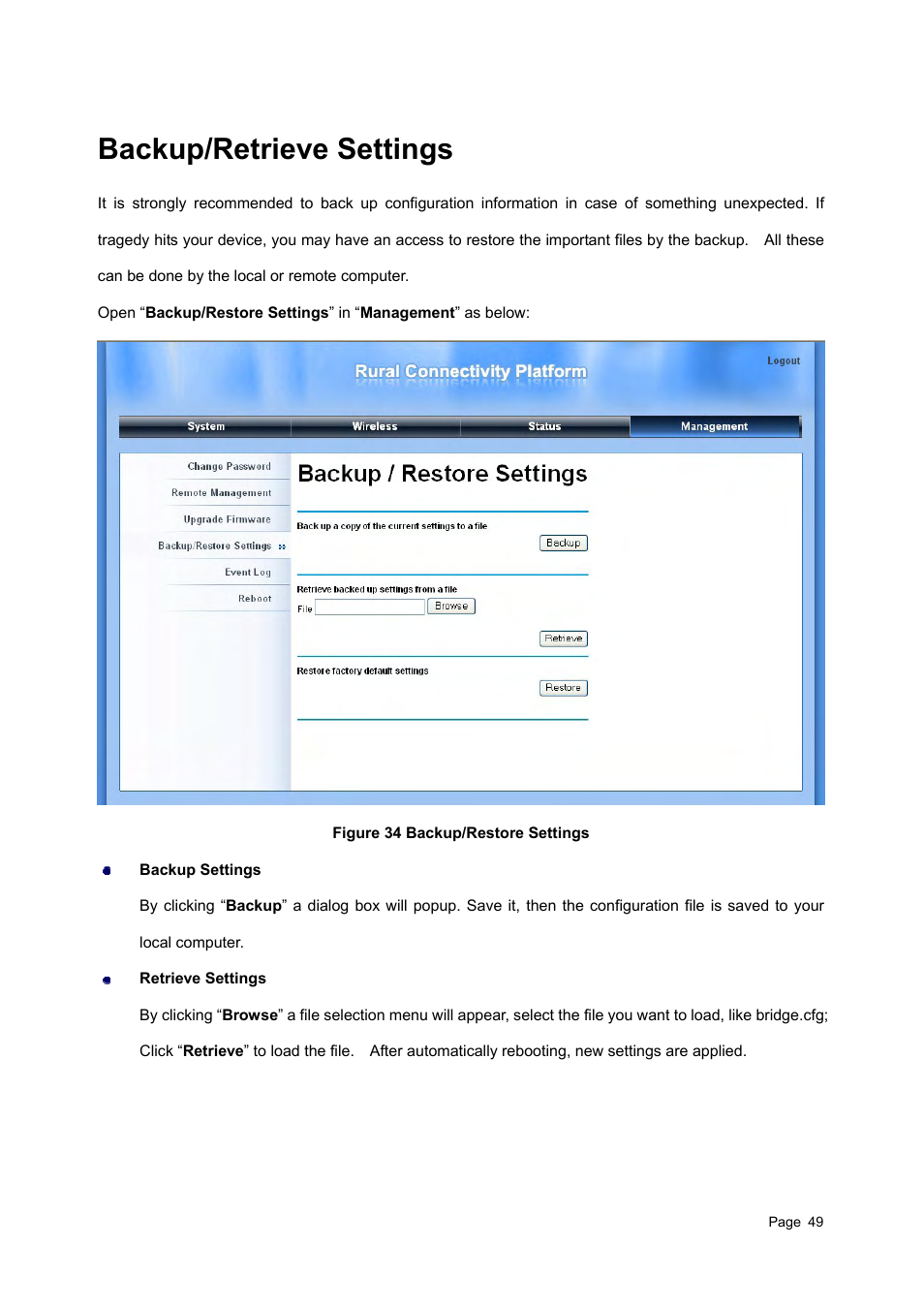 Backup/retrieve settings, Ackup, Etrieve | Ettings, Igure 34, Estore | Teletronics EZBackhaul User Manual | Page 49 / 62