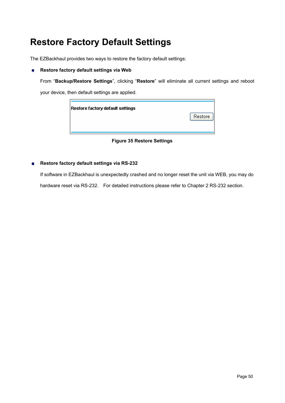 Restore factory default settings, Estore, Actory | Efault, Ettings, Igure 35 | Teletronics EZBackhaul User Manual | Page 50 / 62