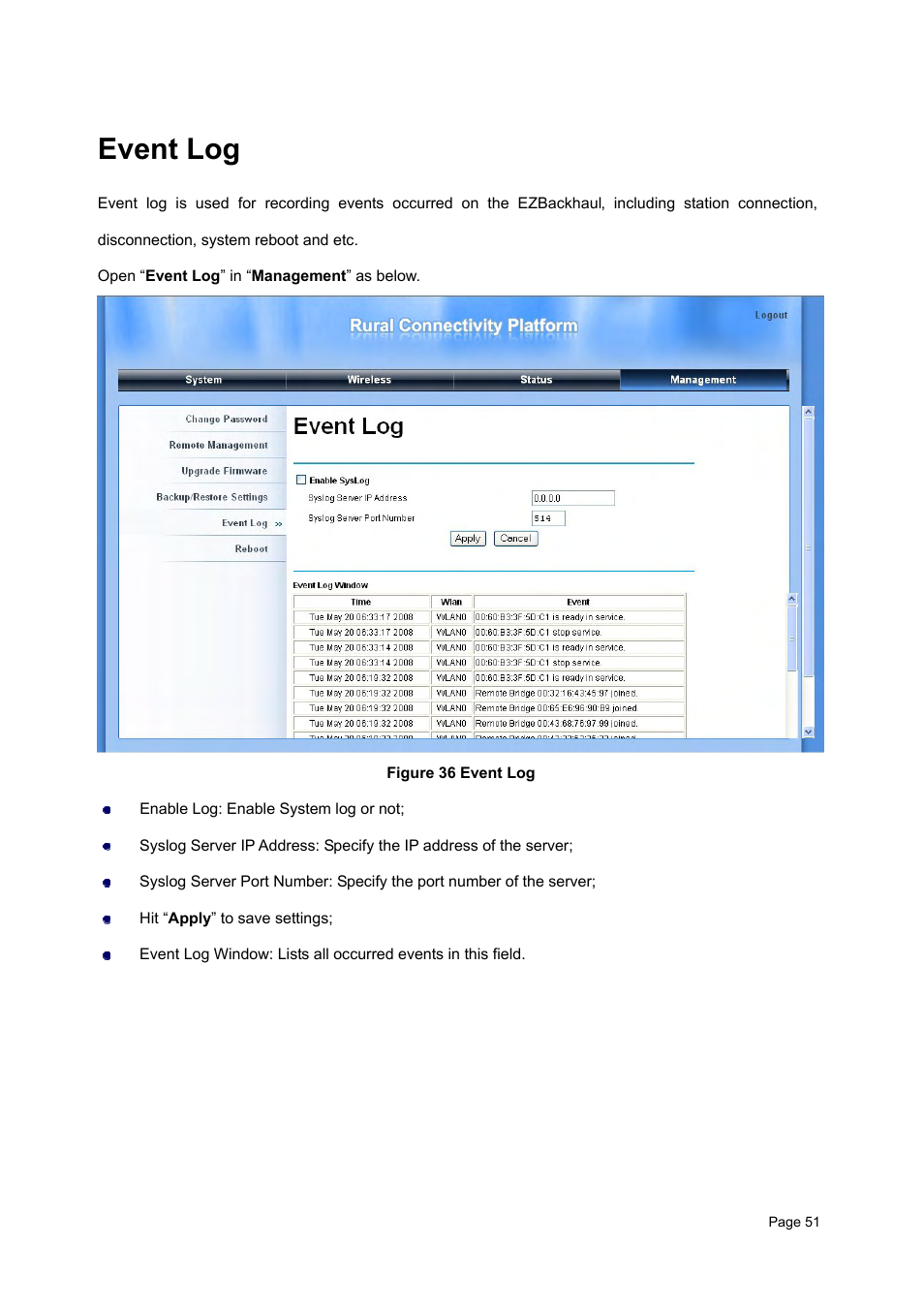 Event log, Vent, Igure 36 | Teletronics EZBackhaul User Manual | Page 51 / 62