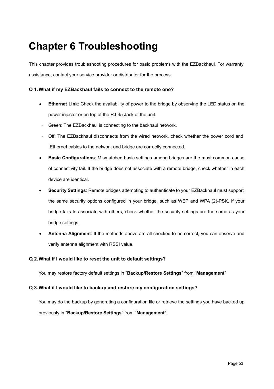 Chapter 6 troubleshooting | Teletronics EZBackhaul User Manual | Page 53 / 62