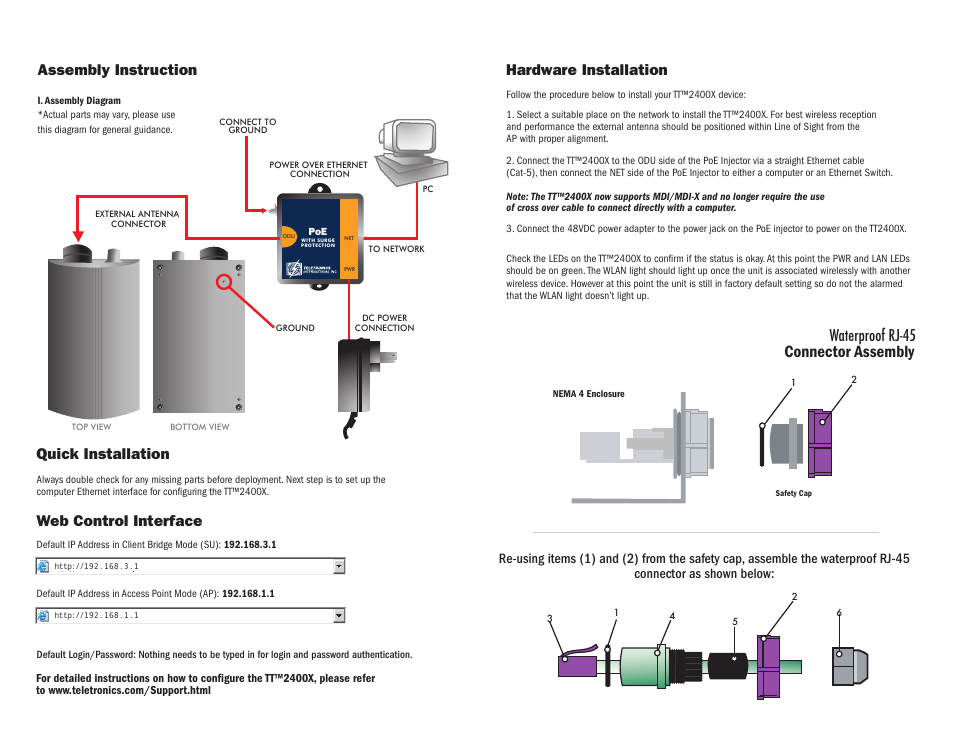 Tt2400xquickguide.pdf, Connector assembly, Waterproof rj-45 | Hardware installation, Web control interface, Quick installation, Assembly instruction | Teletronics TT 2400X Quick Start User Manual | Page 2 / 2