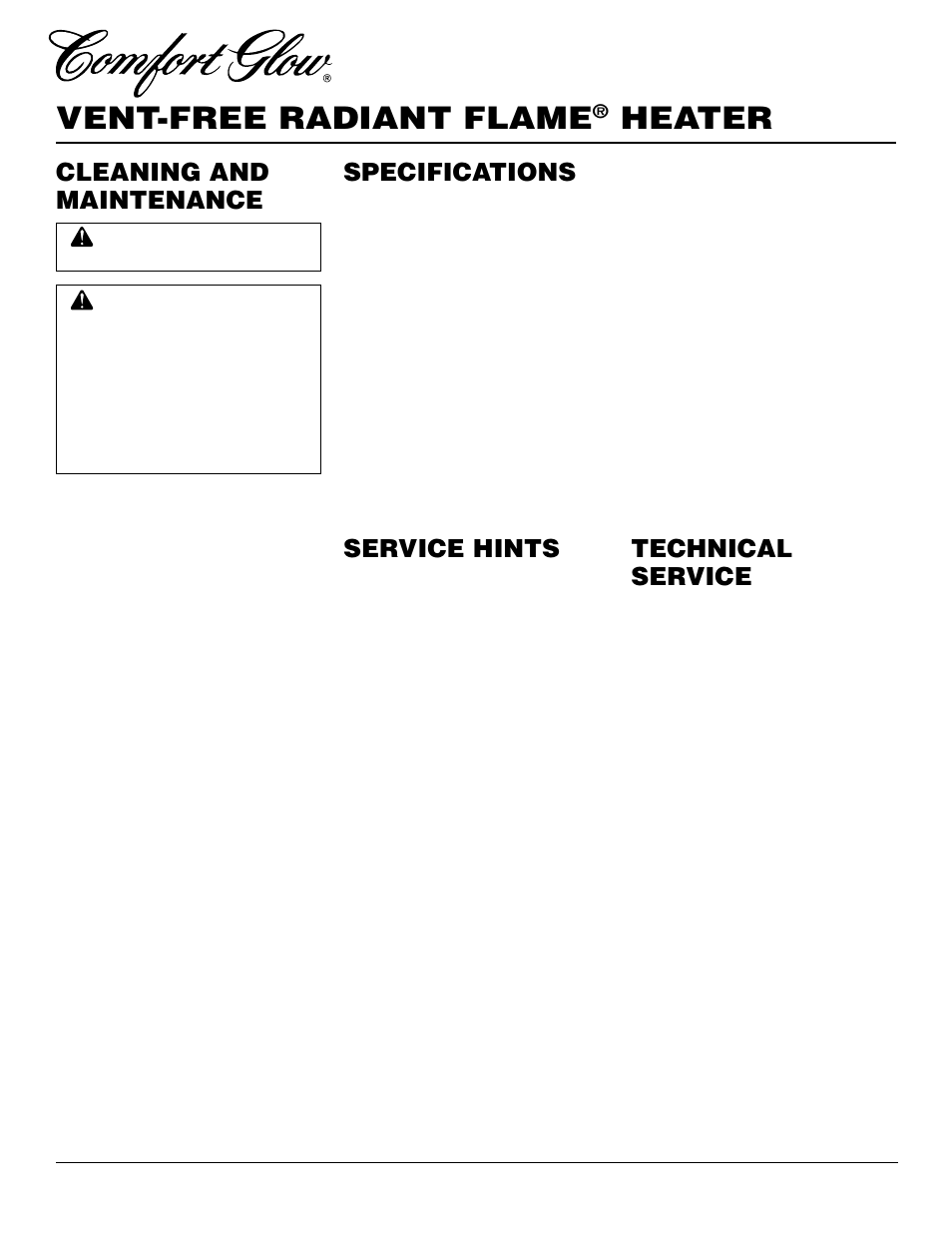 Vent-free radiant flame, Heater, Specifications | Service hints, Cleaning and maintenance, Technical service | Desa Tech RFP28TC User Manual | Page 20 / 26