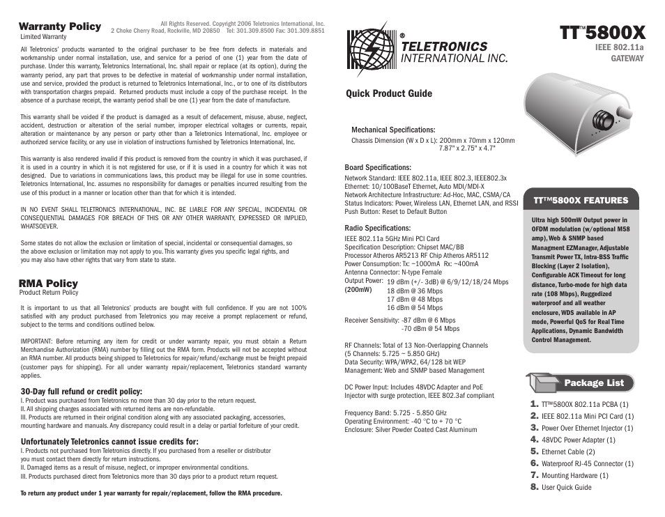 Teletronics TT 5800X Quick Start User Manual | 2 pages