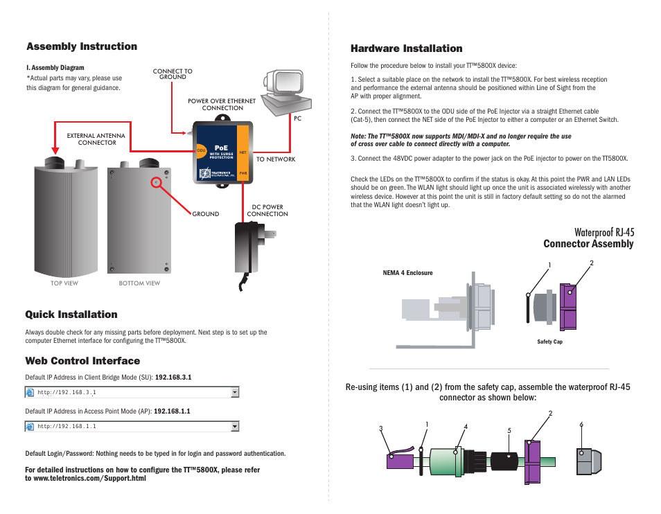 Tt5800xquickguide [new].pdf, Connector assembly, Waterproof rj-45 | Hardware installation, Web control interface, Quick installation, Assembly instruction | Teletronics TT 5800X Quick Start User Manual | Page 2 / 2