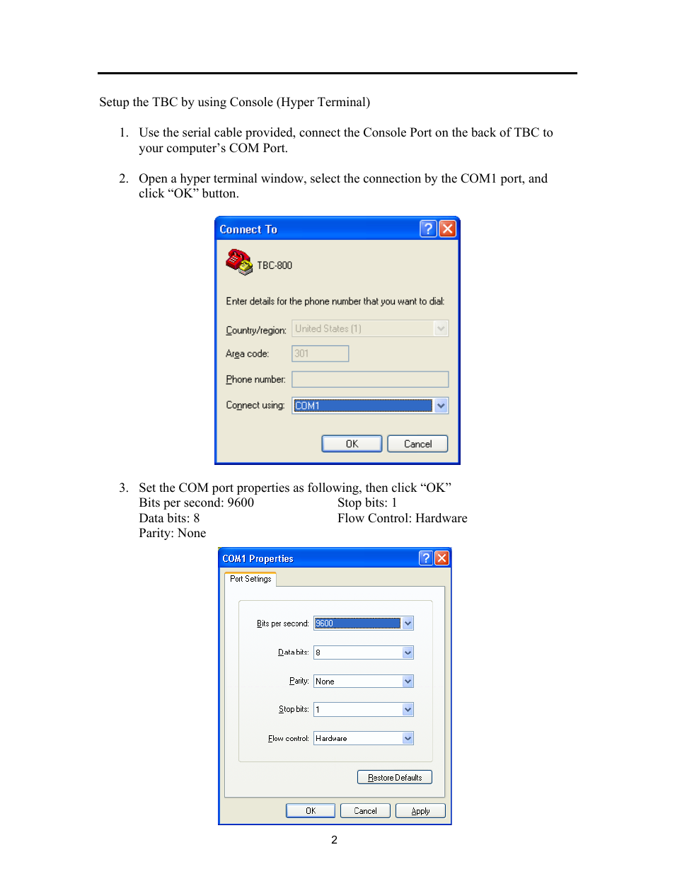 Console / com port configuration | Teletronics TBC-800 User Manual | Page 21 / 27