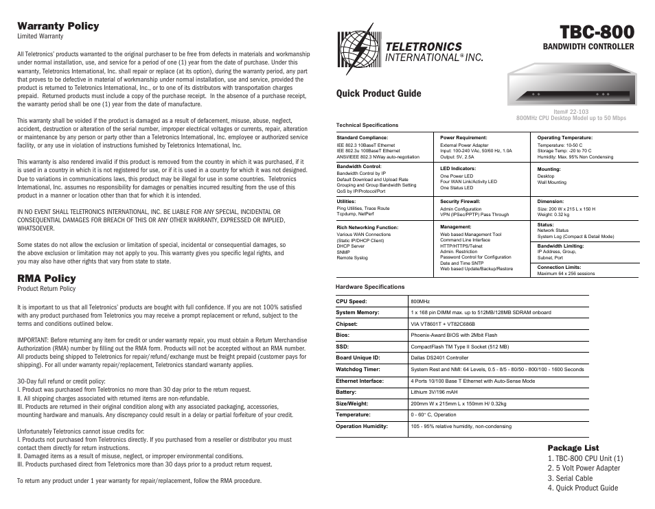 Teletronics TBC-800 Quick Start User Manual | 2 pages