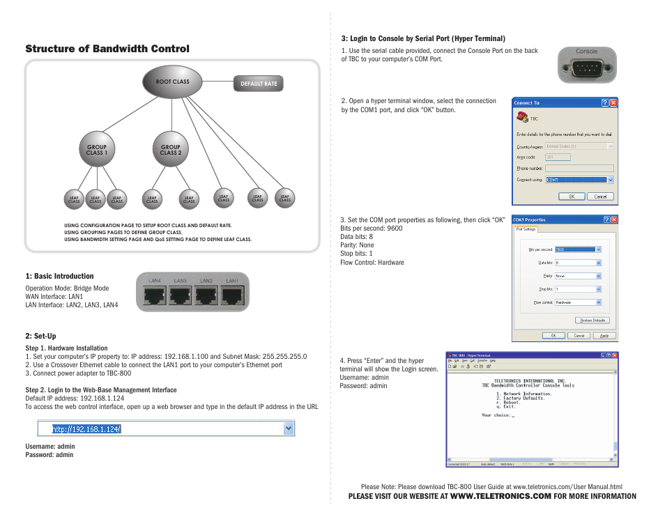 Structure of bandwidth control, Basic introduction 2: set-up, Login to console by serial port (hyper terminal) | Teletronics TBC-800 Quick Start User Manual | Page 2 / 2