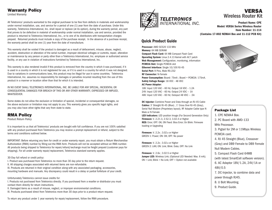 Teletronics VERSA User Manual | 2 pages