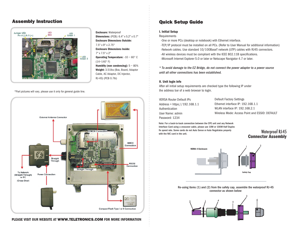 Quick setup guide, Connector assembly assembly instruction, Waterproof rj-45 | Teletronics VERSA User Manual | Page 2 / 2