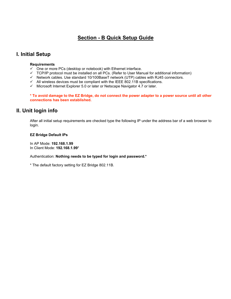 Ii. unit login info | Teletronics EZ Bridge 802.11B 100mW User Manual | Page 2 / 6