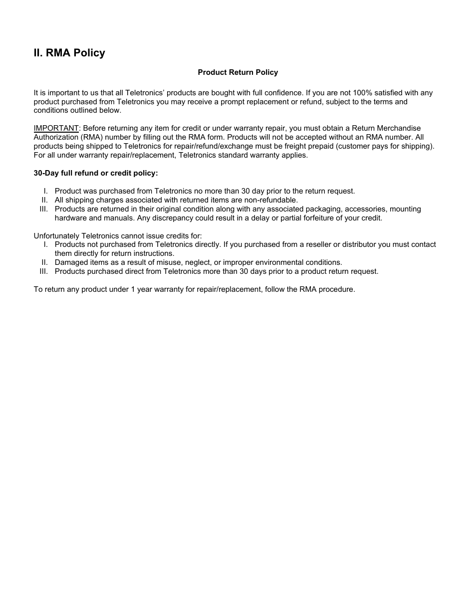 Ii. rma policy | Teletronics EZ Bridge 802.11B 100mW User Manual | Page 6 / 6