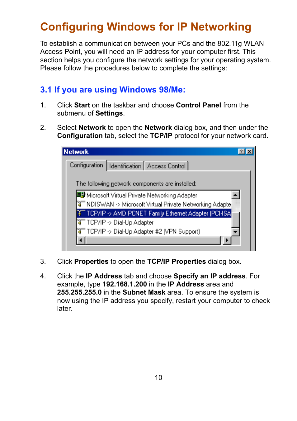 Configuring windows for ip networking, 1 if you are using windows 98/me | Teletronics EZ Bridge 802.11G User Manual | Page 10 / 61