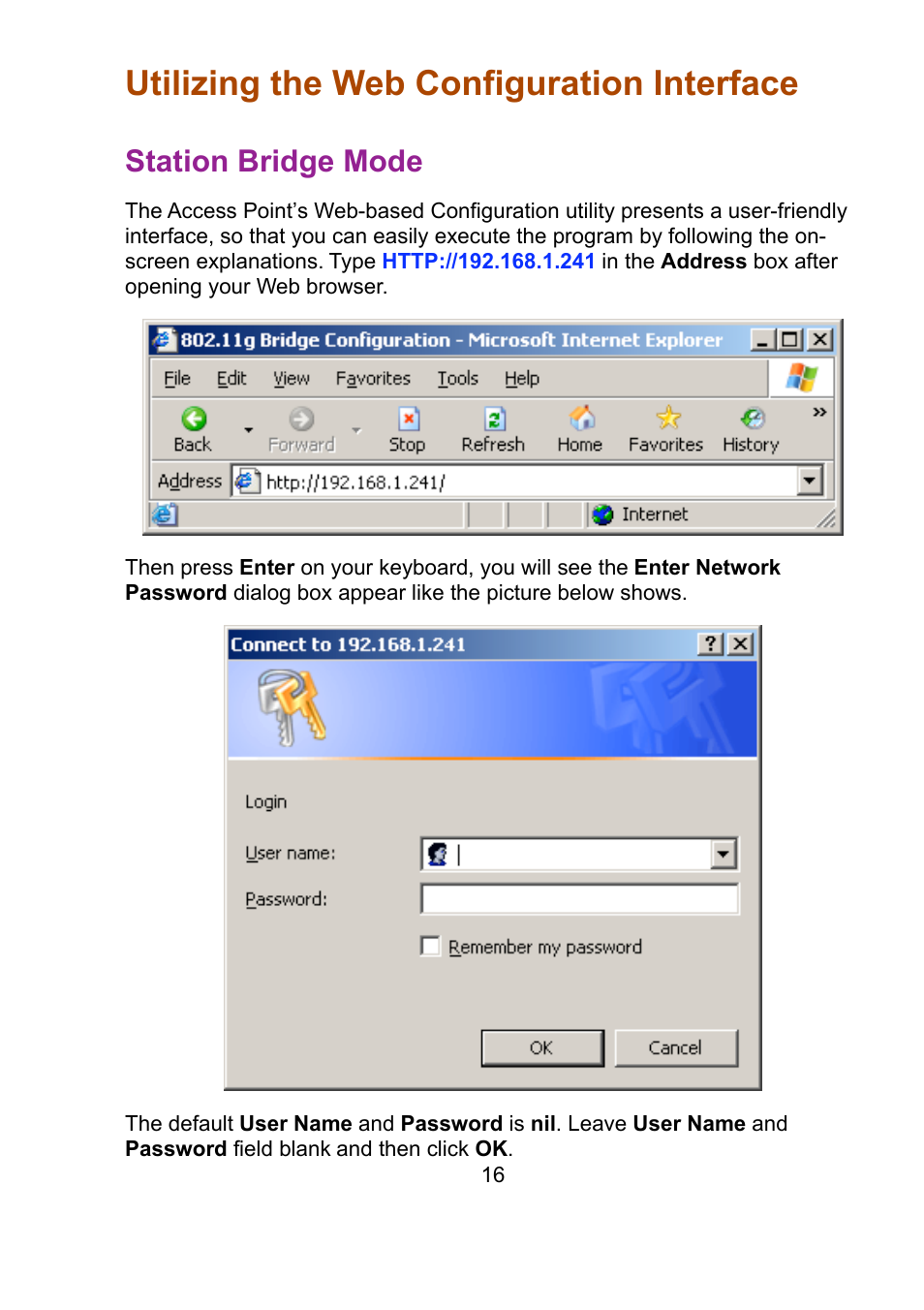 Utilizing the web configuration interface, Station bridge mode | Teletronics EZ Bridge 802.11G User Manual | Page 16 / 61