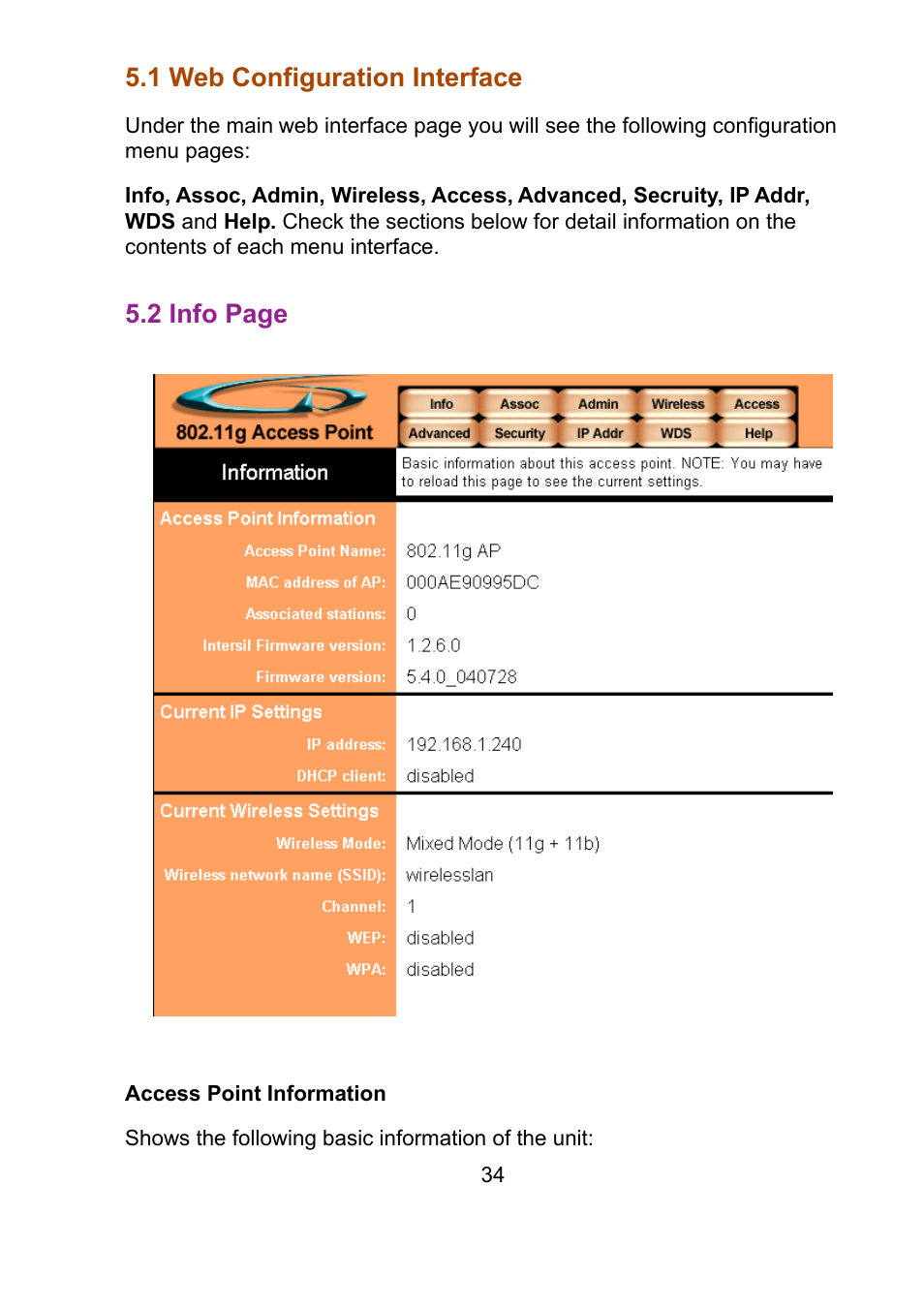 1 web configuration interface, 2 info page | Teletronics EZ Bridge 802.11G User Manual | Page 34 / 61