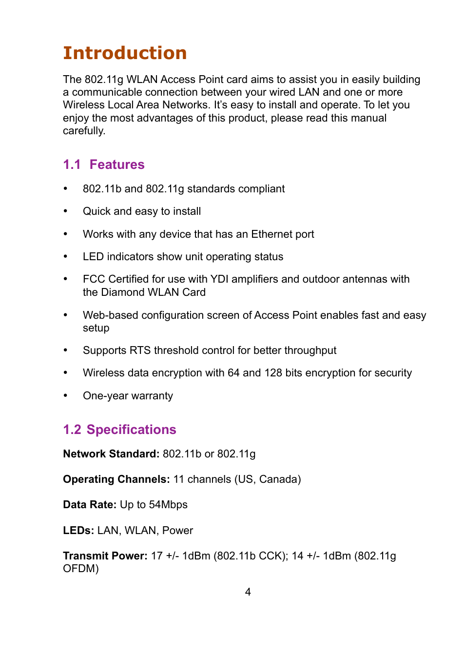 Introduction, 1 features, 2 specifications | Teletronics EZ Bridge 802.11G User Manual | Page 4 / 61