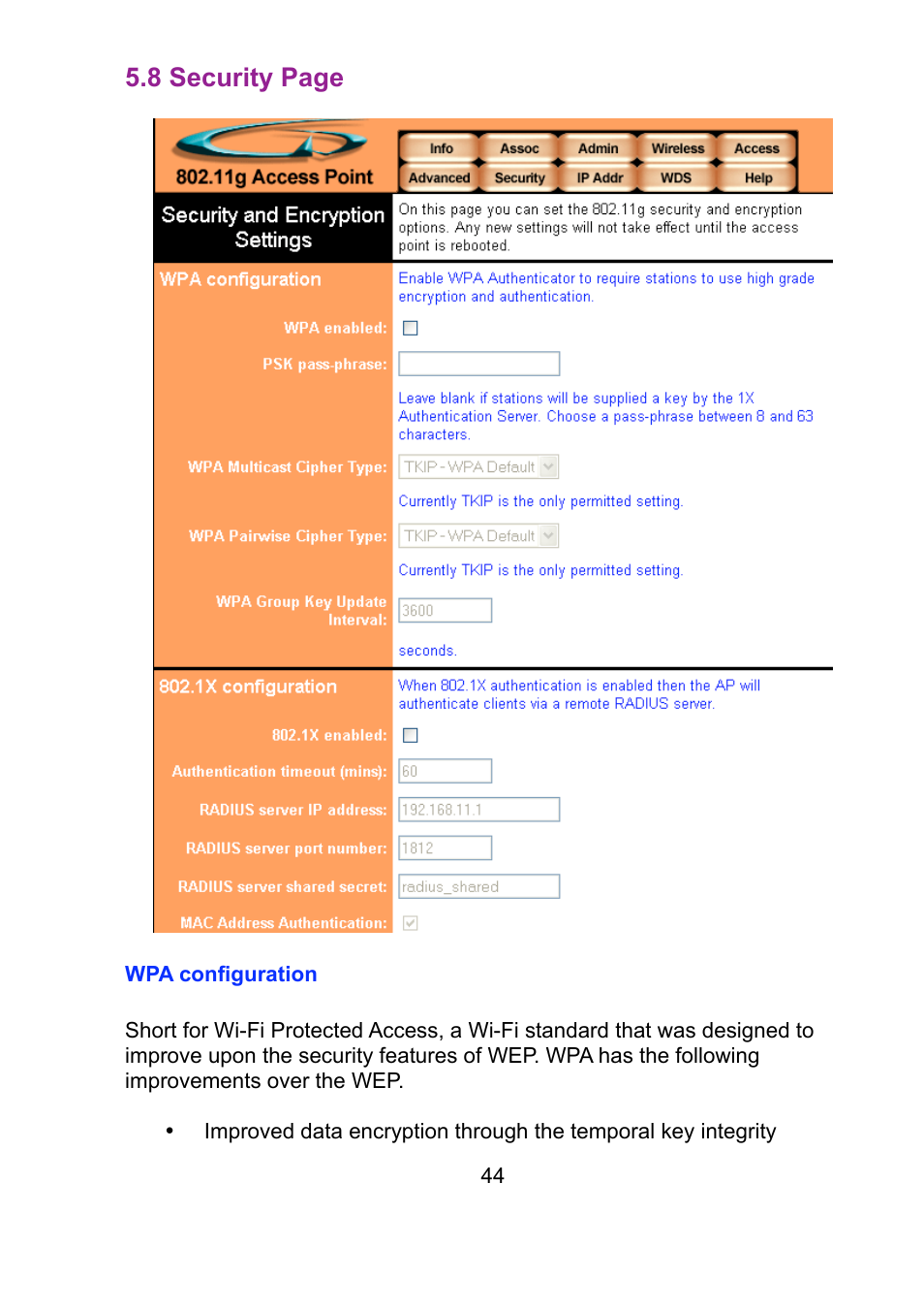 8 security page | Teletronics EZ Bridge 802.11G User Manual | Page 44 / 61