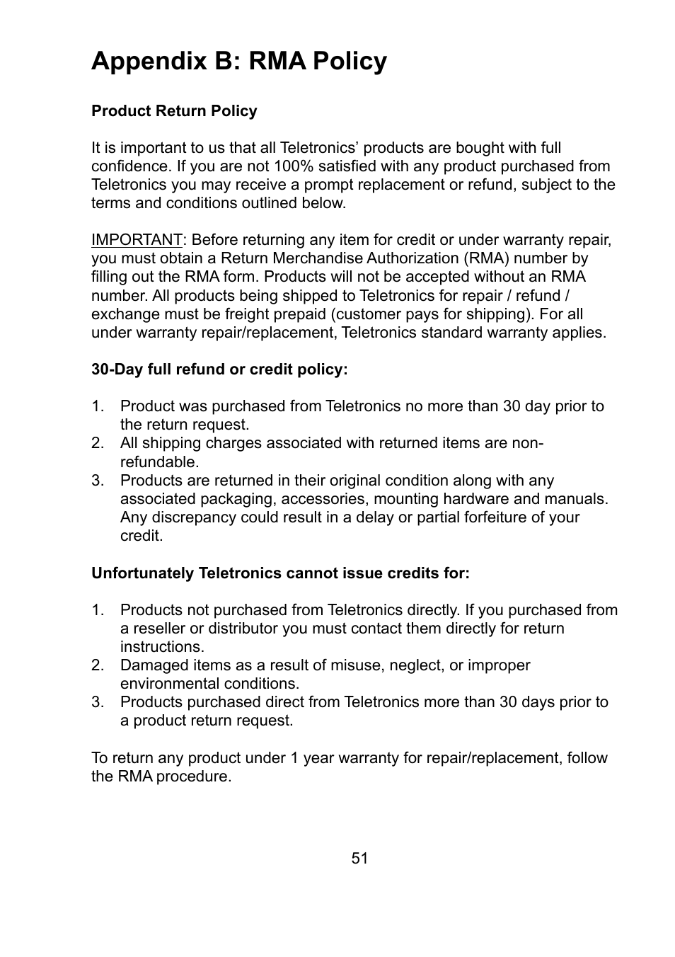 Appendix b: rma policy | Teletronics EZ Bridge 802.11G User Manual | Page 51 / 61