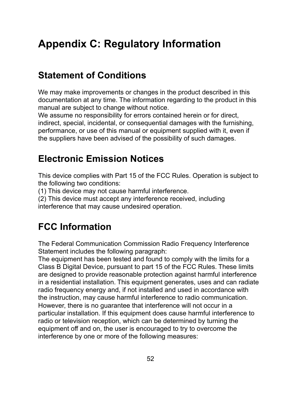 Appendix c: regulatory information, Statement of conditions, Electronic emission notices | Fcc information | Teletronics EZ Bridge 802.11G User Manual | Page 52 / 61