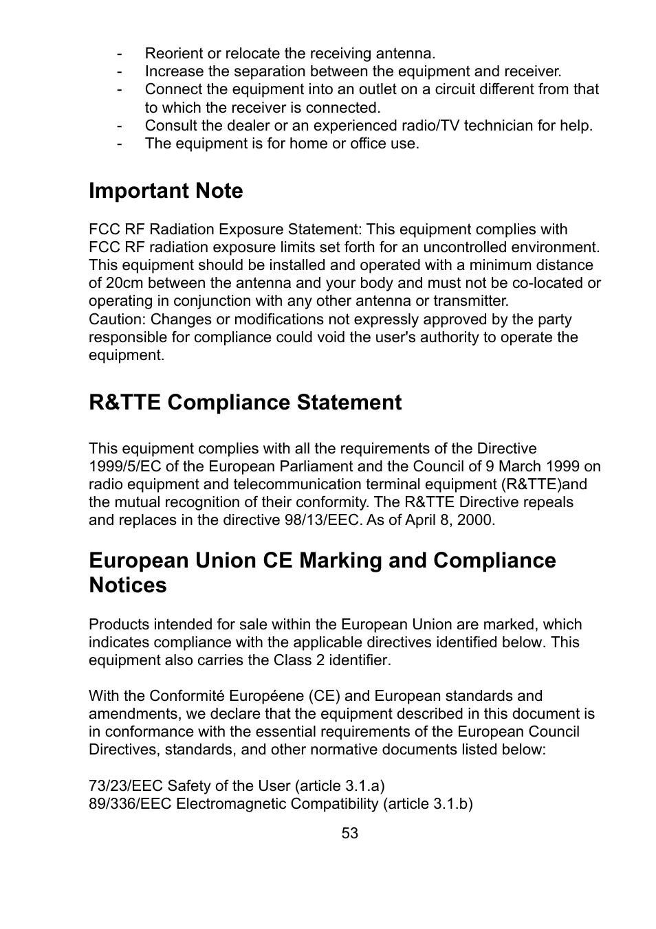 R&tte compliance statement, European union ce marking and compliance notices | Teletronics EZ Bridge 802.11G User Manual | Page 53 / 61