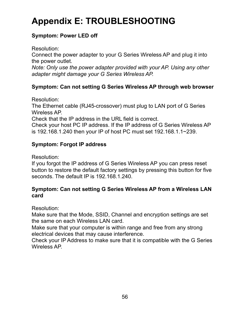 Appendix e: troubleshooting | Teletronics EZ Bridge 802.11G User Manual | Page 56 / 61