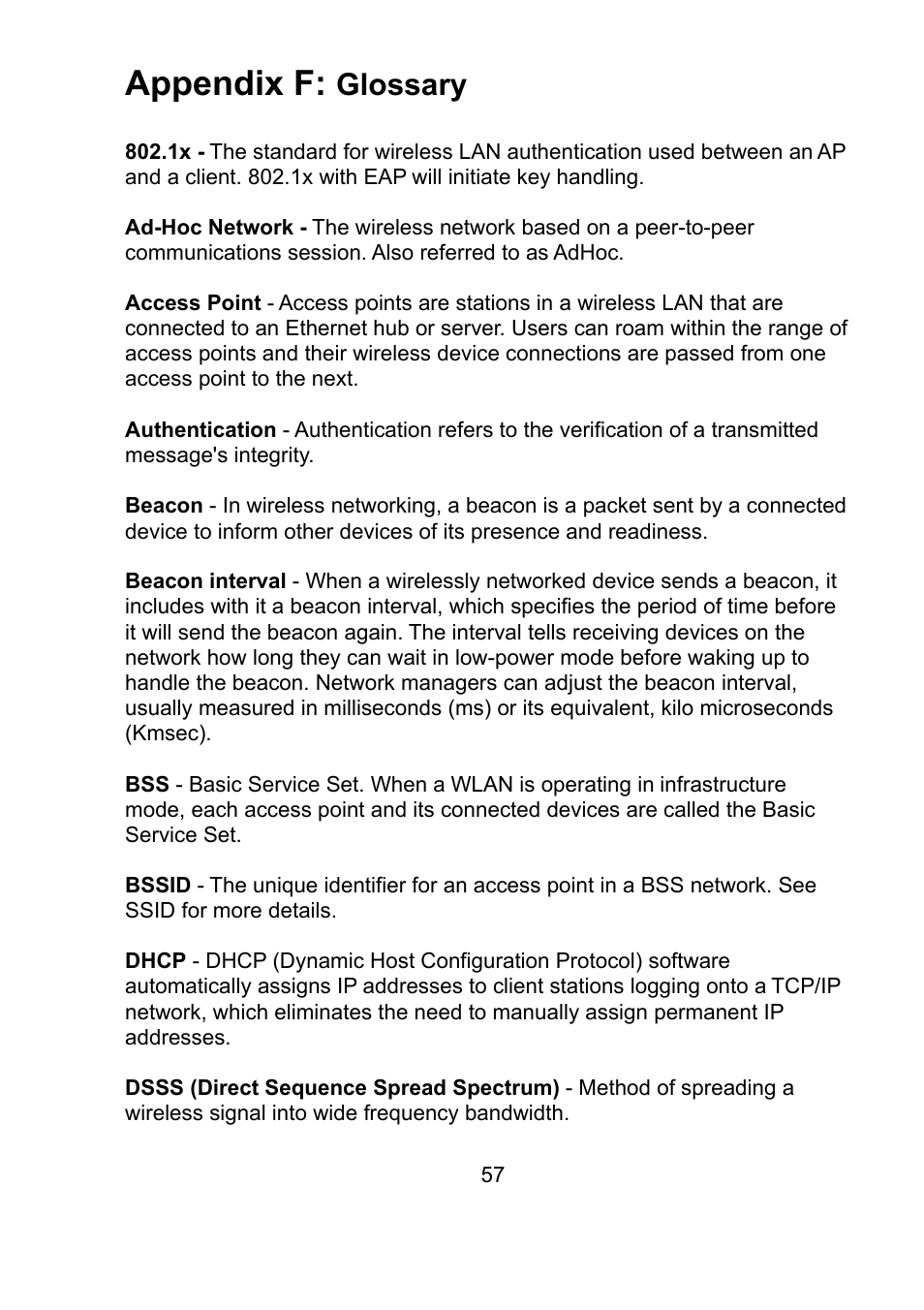Appendix f, Glossary | Teletronics EZ Bridge 802.11G User Manual | Page 57 / 61