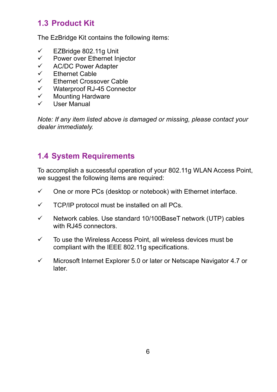 3 product kit, 4 system requirements | Teletronics EZ Bridge 802.11G User Manual | Page 6 / 61