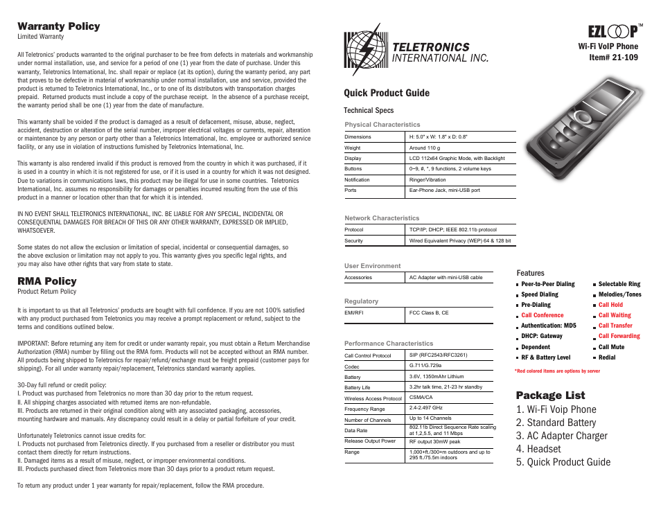 Teletronics Wi-Fi VoIP Phone User Manual | 2 pages