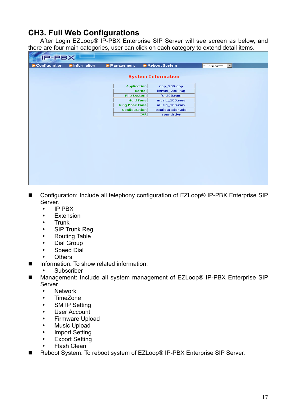 Ch3. full web configurations | Teletronics IP-PBX Server User Manual | Page 17 / 84