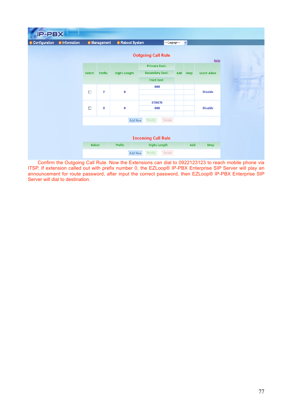 Teletronics IP-PBX Server User Manual | Page 77 / 84