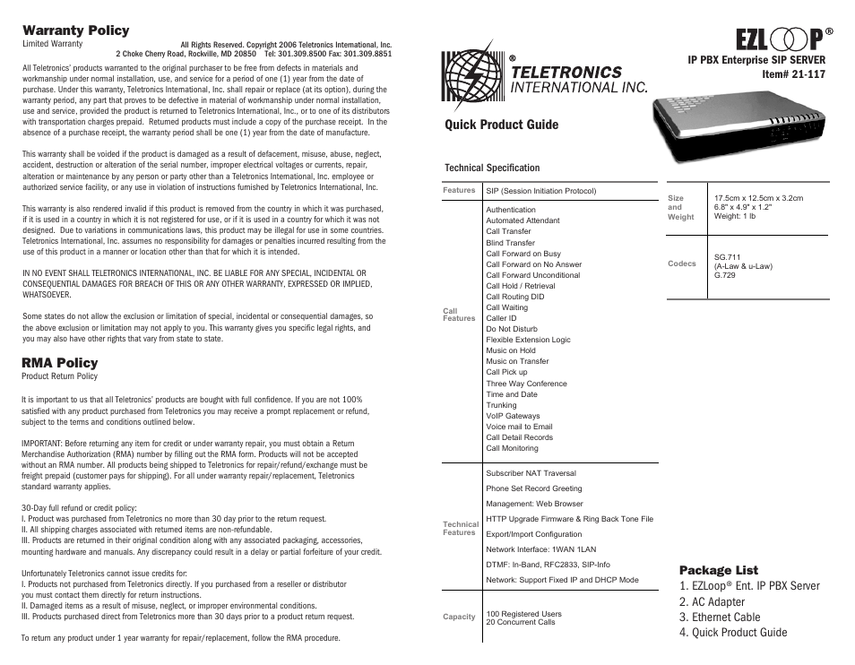 Teletronics IP-PBX Server Quick Start User Manual | 2 pages