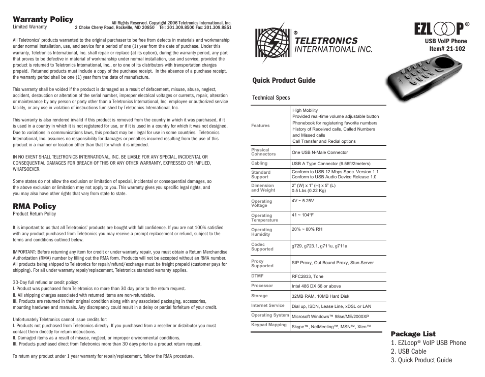 Teletronics USB VoIP Phone User Manual | 2 pages