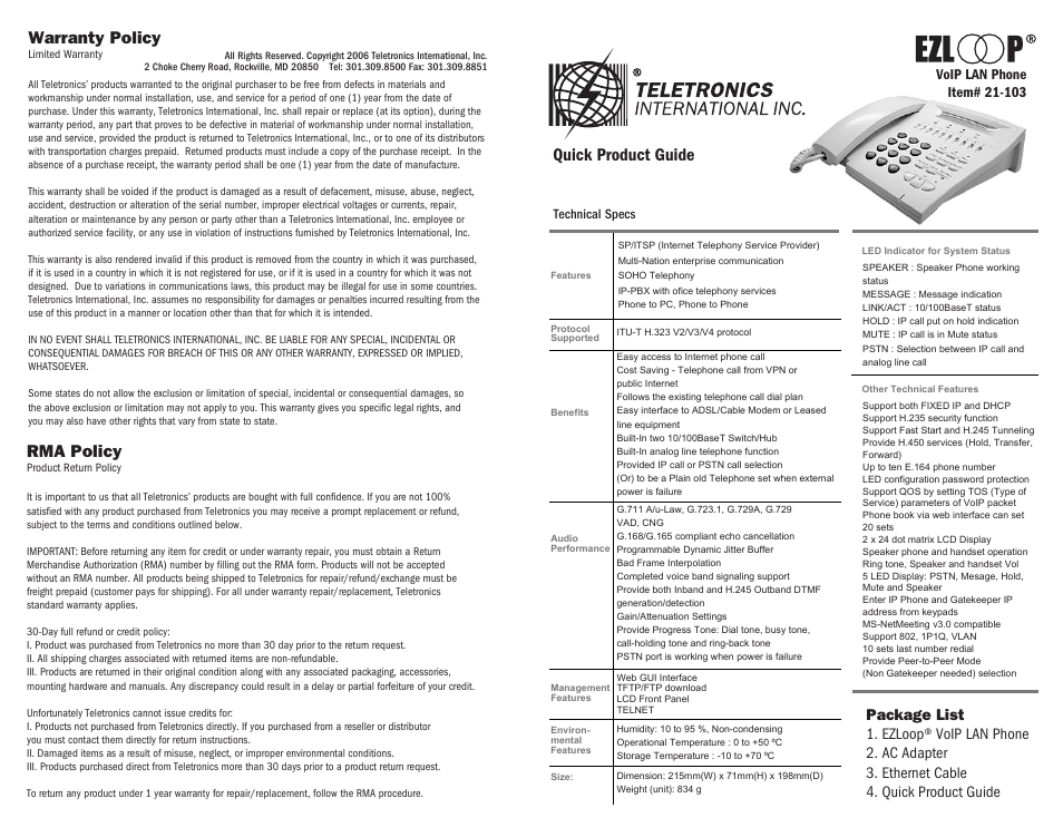 Teletronics LANPhone User Manual | 2 pages