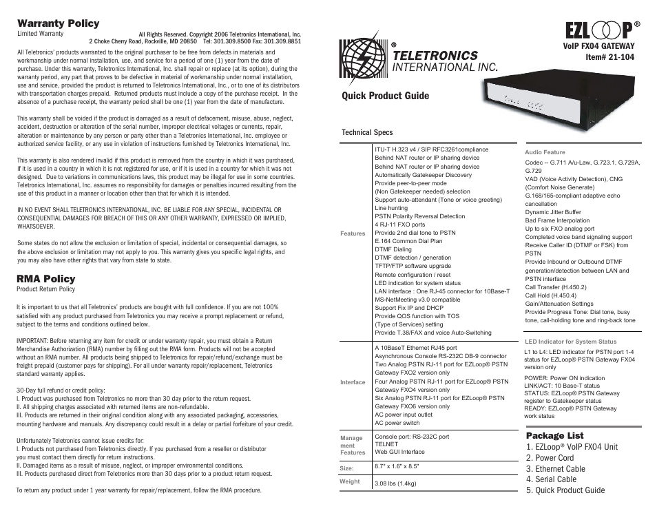 Teletronics FX04 User Manual | 2 pages