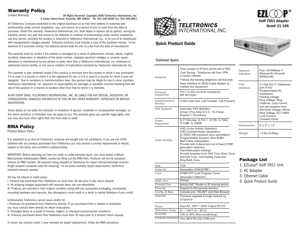 Teletronics FXS1 User Manual | 2 pages