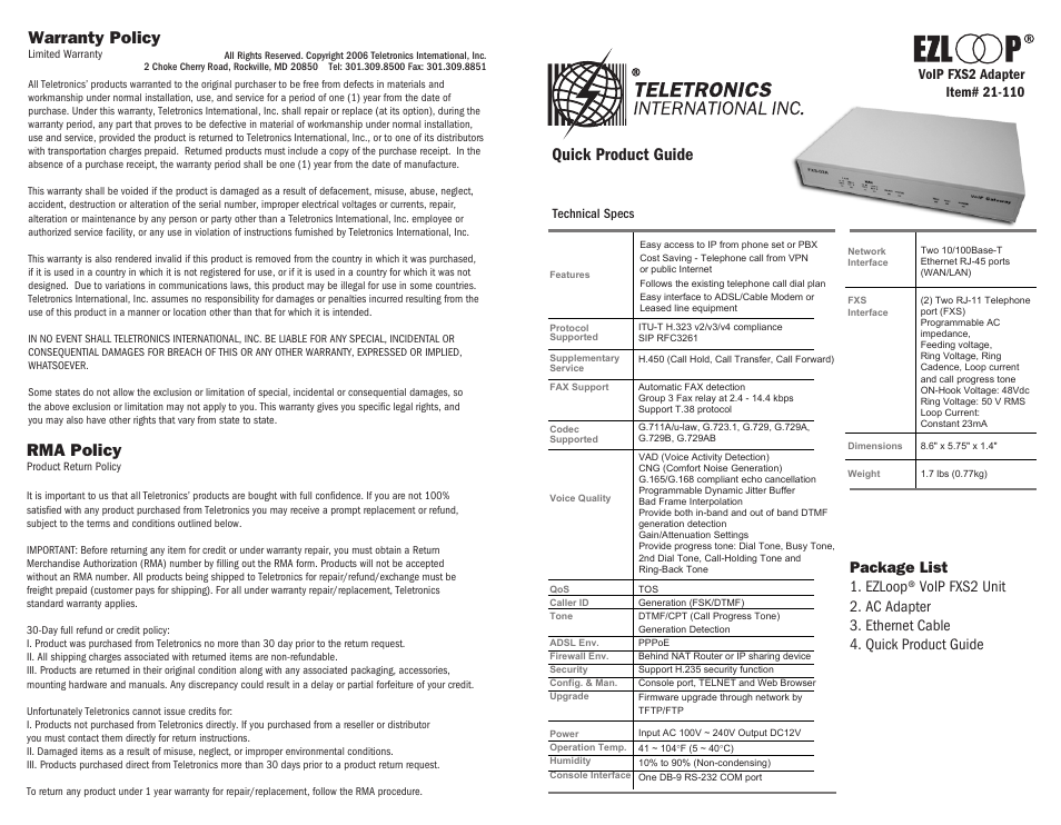 Teletronics FXS2 User Manual | 2 pages