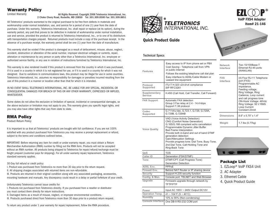 Teletronics FXS4 User Manual | 2 pages