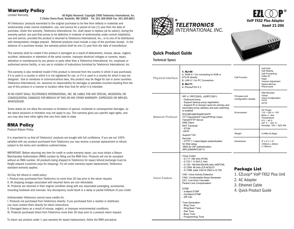 Teletronics FXS2 Plus User Manual | 2 pages