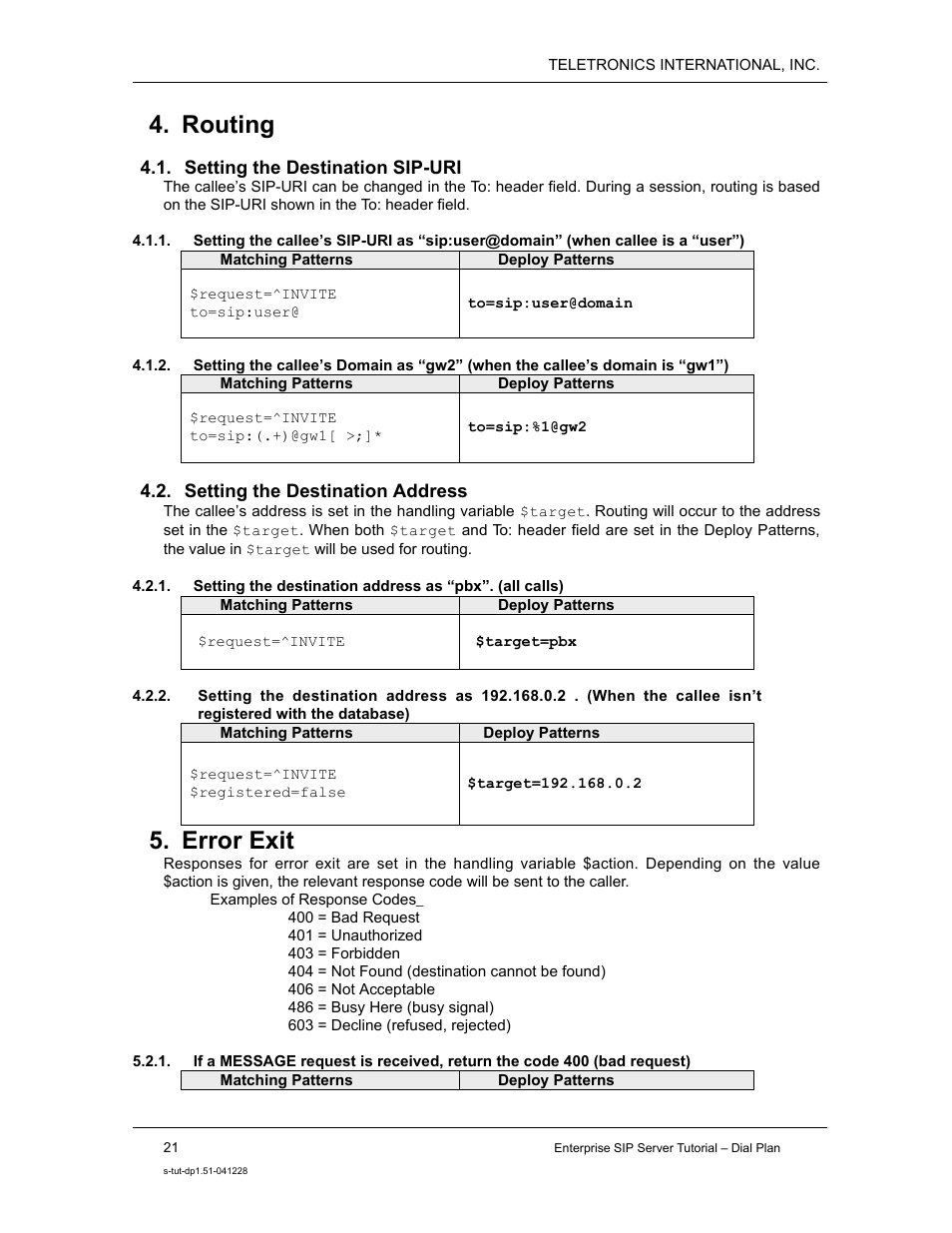 Routing, Error exit | Teletronics Enterprise SIP Server User Manual | Page 22 / 38