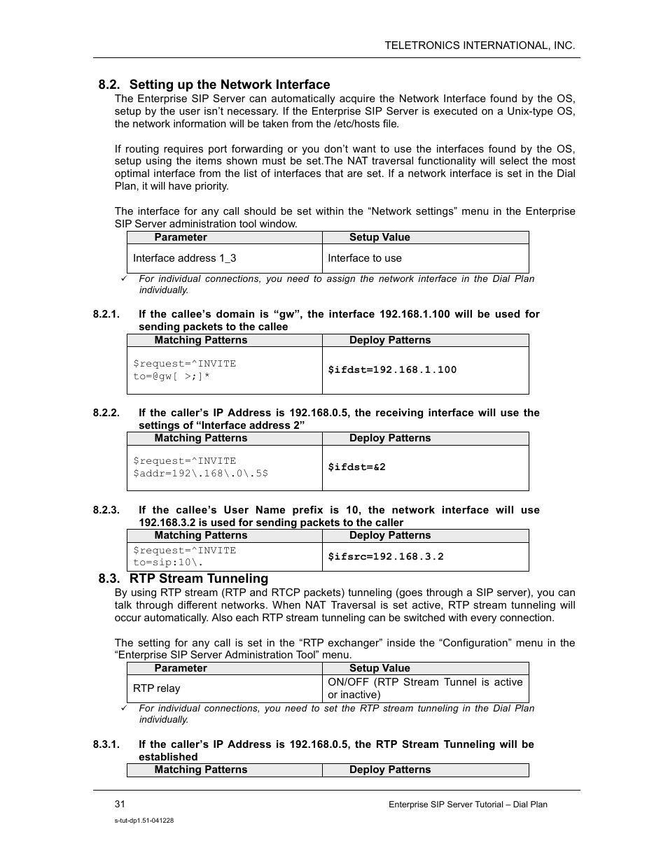 Setting up the network interface, Rtp stream tunneling | Teletronics Enterprise SIP Server User Manual | Page 32 / 38