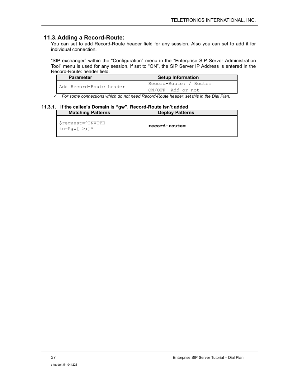 Adding a record-route | Teletronics Enterprise SIP Server User Manual | Page 38 / 38