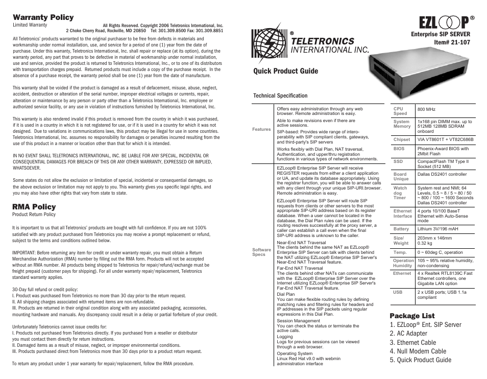 Teletronics Enterprise SIP Server Quick Start User Manual | 2 pages