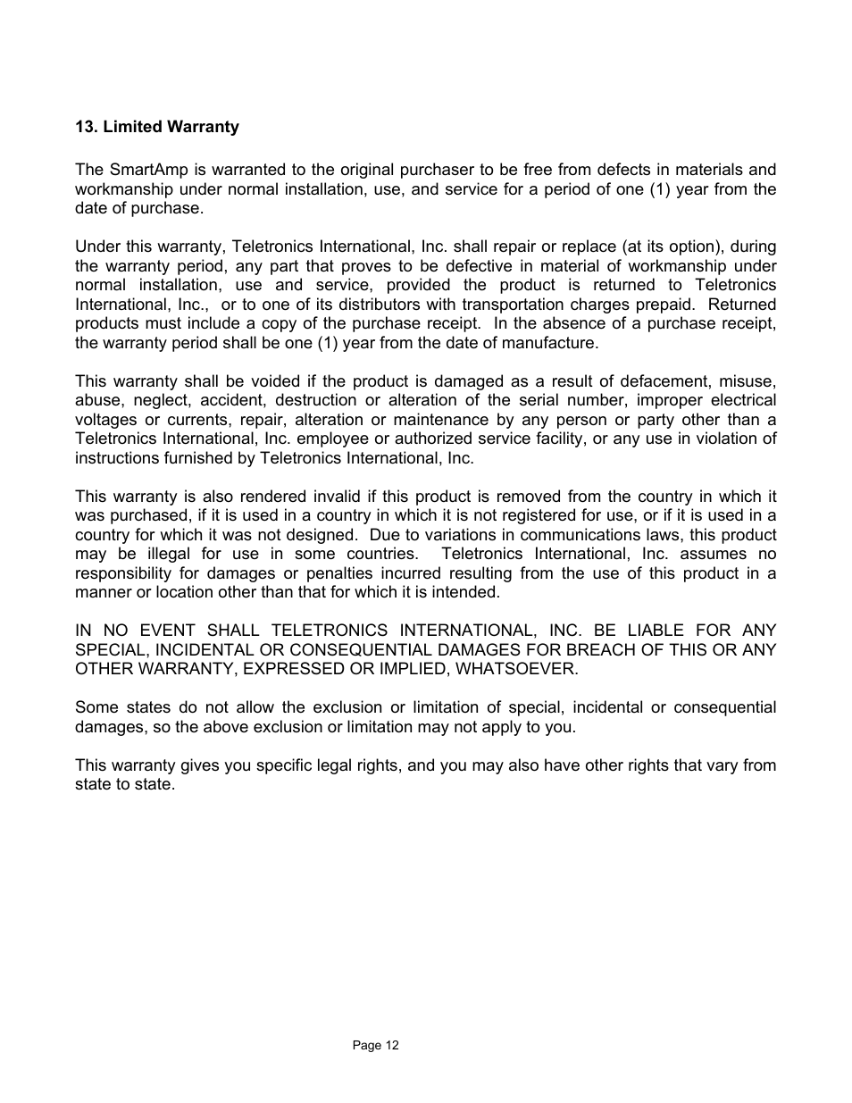 Teletronics 2.4GHz 1 Watt SmartAmp User Manual | Page 13 / 13