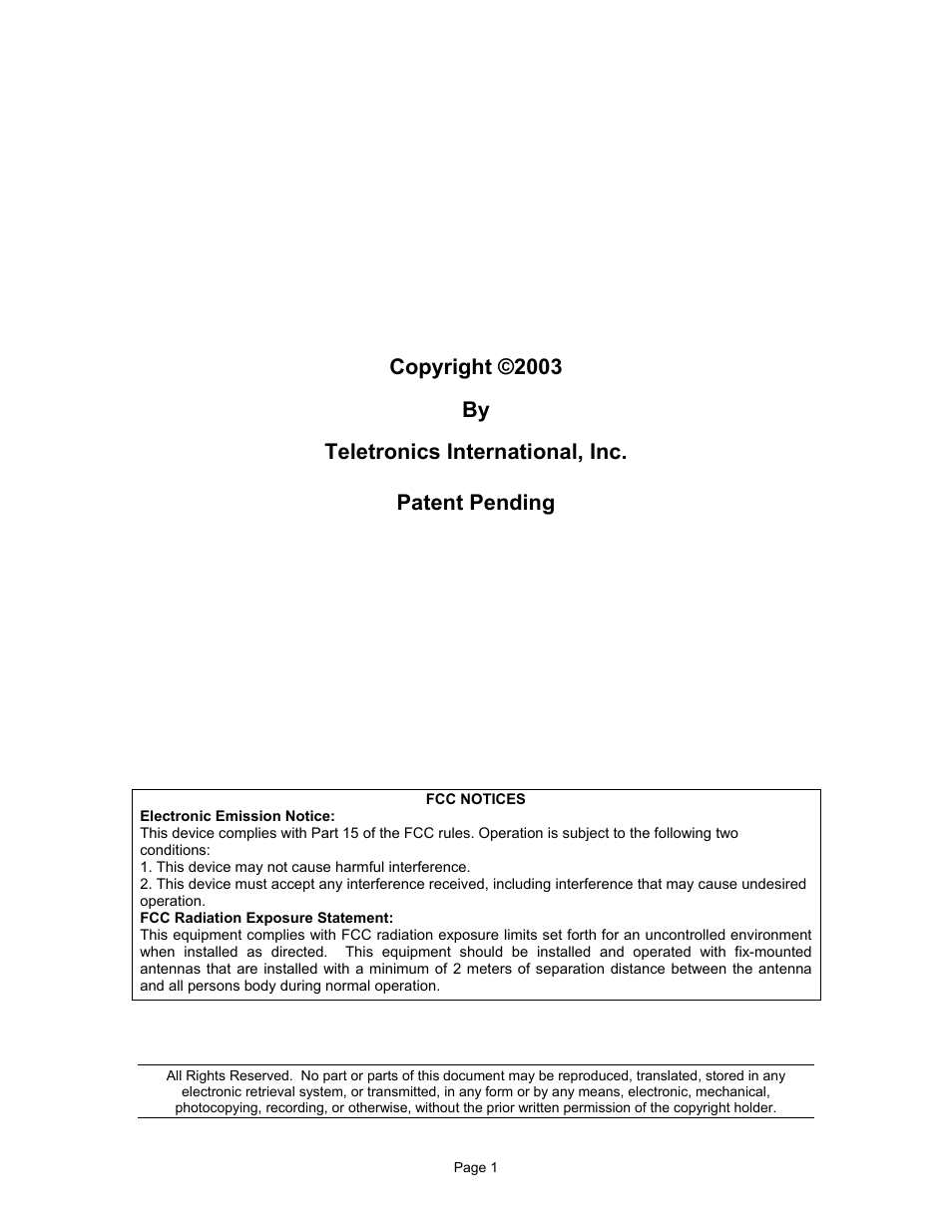 Copyright ©2003, Teletronics international, inc. patent pending | Teletronics 2.4GHz 1 Watt SmartAmp User Manual | Page 2 / 13