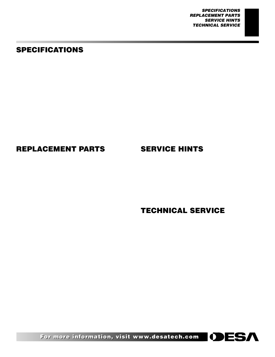 Specifications, Technical service, Replacement parts | Service hints, Parts under warranty, Parts not under warranty | Desa Tech CGCFTN User Manual | Page 23 / 30