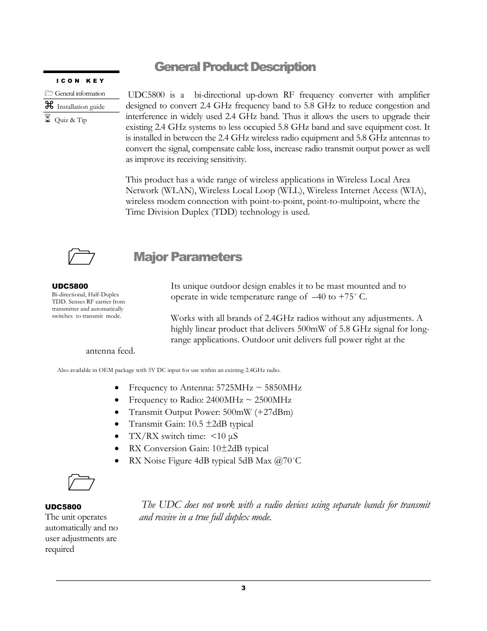 General product description, Major parameters | Teletronics UDC-5800H User Manual | Page 3 / 7